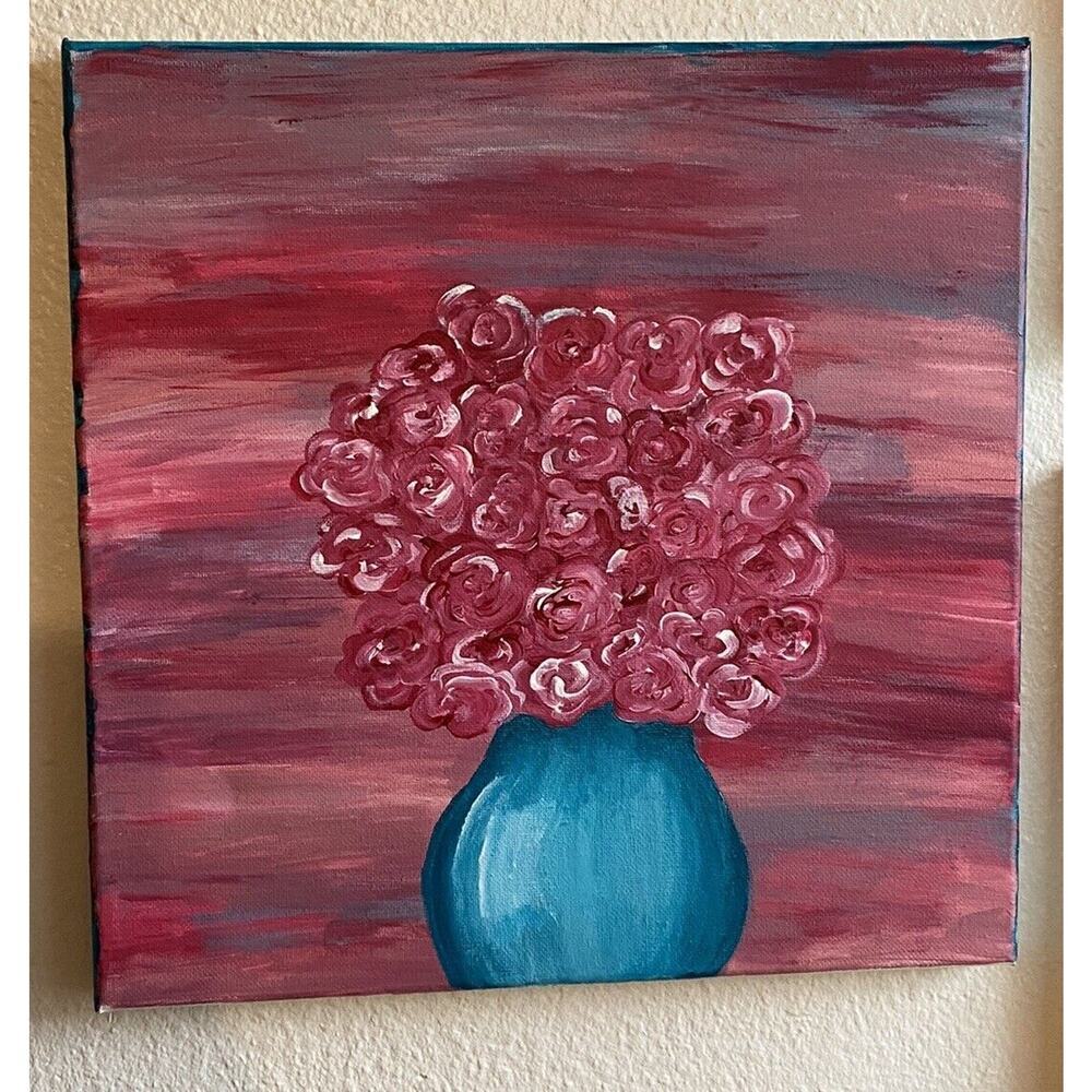 acrylic painting on canvas 12x12 Flowers Vase pink home room decor feminine girl